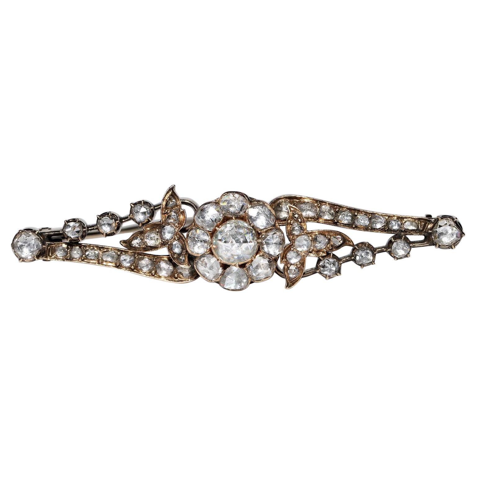 Antique Ottoman 8k Gold Circa 1900s Natural Rose Cut Diamond Decorated Brooch