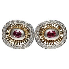 Vintage Circa 1980s 18k Gold Natural Diamond And Ruby Decorated Earring