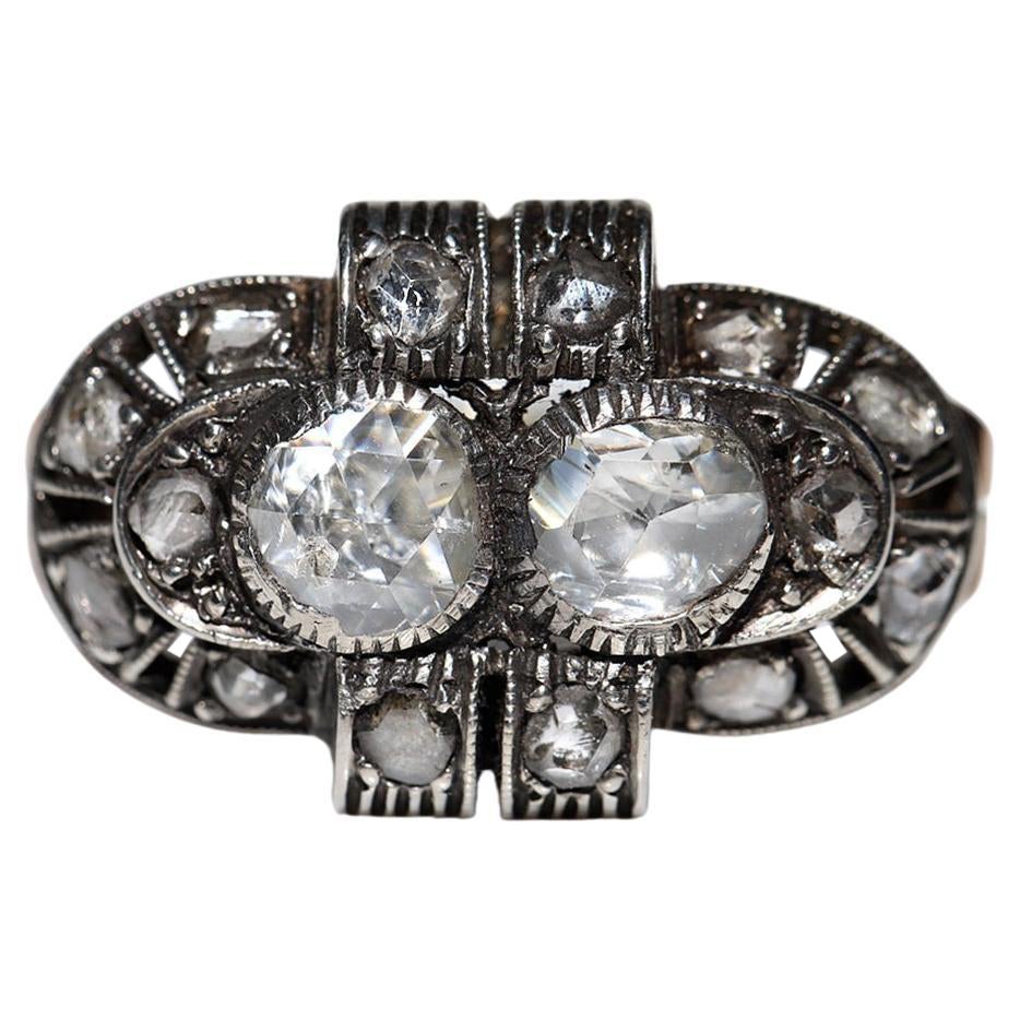 Antique Circa 1900s 14k Gold Top Silver Natural Rose Cut Diamond Decorated Ring For Sale
