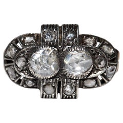 Antique Circa 1900s 14k Gold Top Silver Natural Rose Cut Diamond Decorated Ring