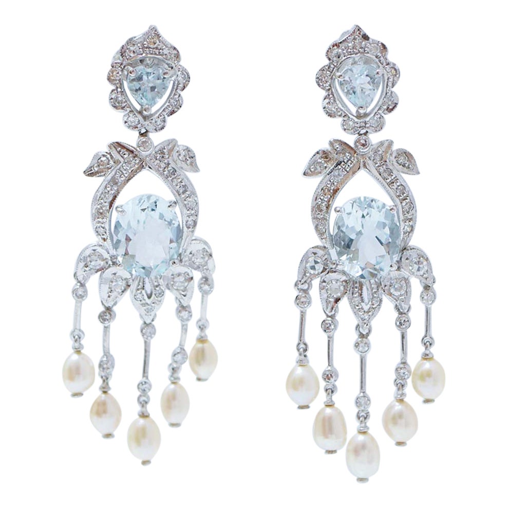 Aquamarine, Pearls, Diamonds, Platinum Dangle Earrings. For Sale