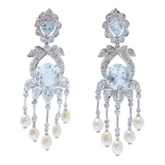 Aquamarine, Pearls, Diamonds, Platinum Dangle Earrings.