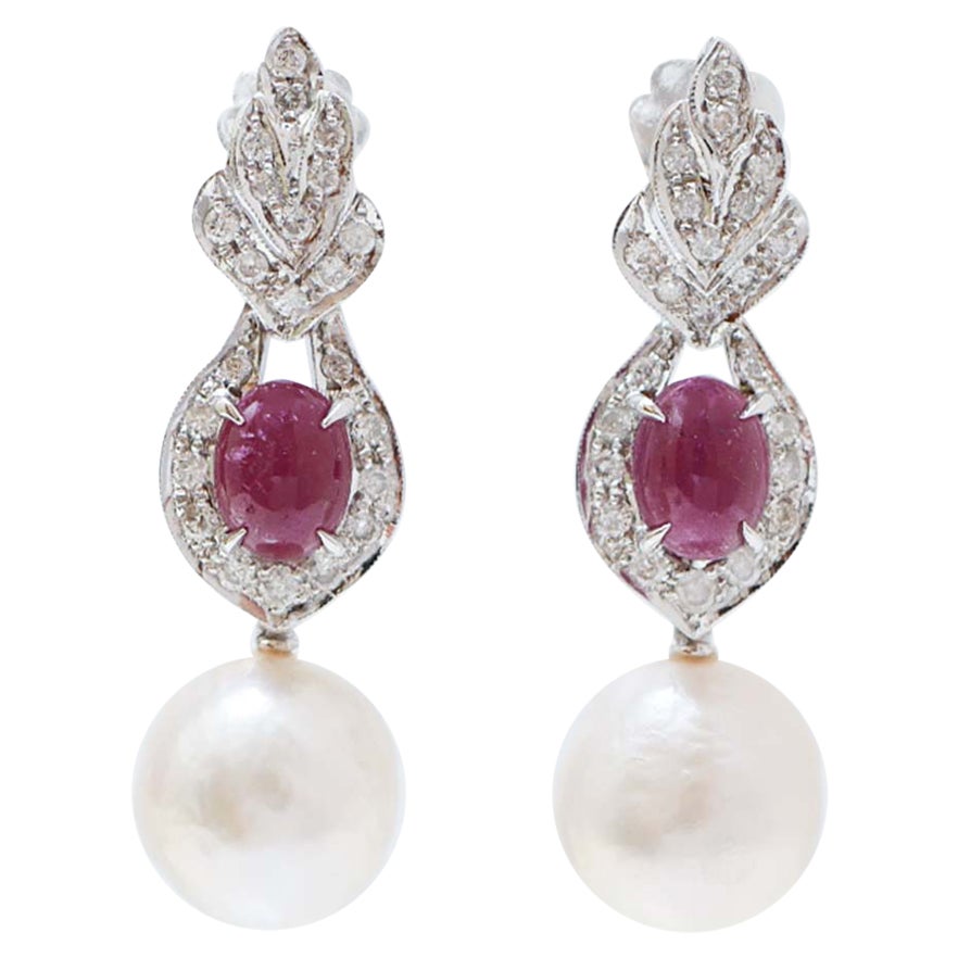 Pearls, Rubies, Diamonds, Platinum Earrings. For Sale