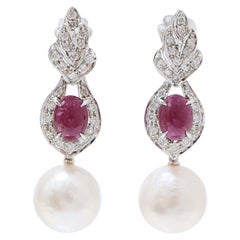 Pearls, Rubies, Diamonds, Platinum Earrings.