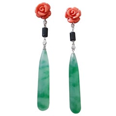 Art Deco Style 14K Solid White Gold Diamonds Black Onyx Jade Drops Earrings