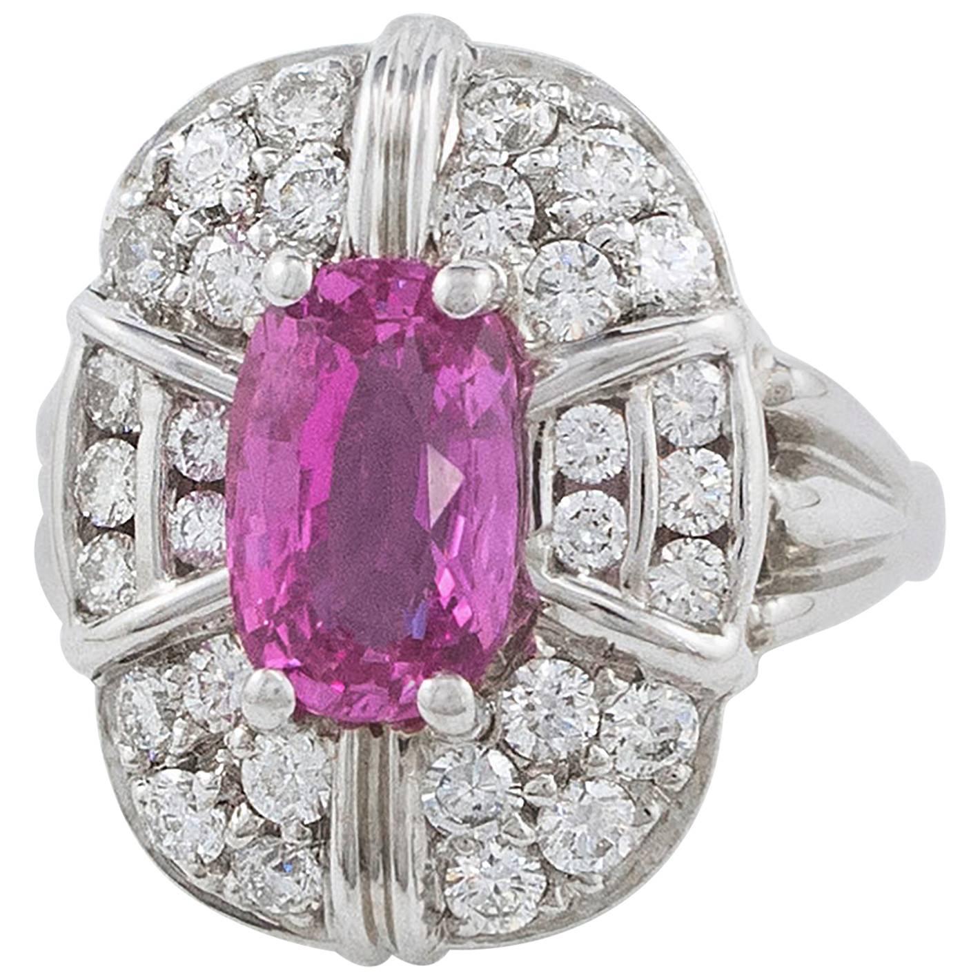 Splendid Pink Sapphire Diamond White Gold Ring For Sale