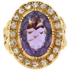 Vintage Oval Cut Amethyst  Rose Cut Diamond Gold Ring