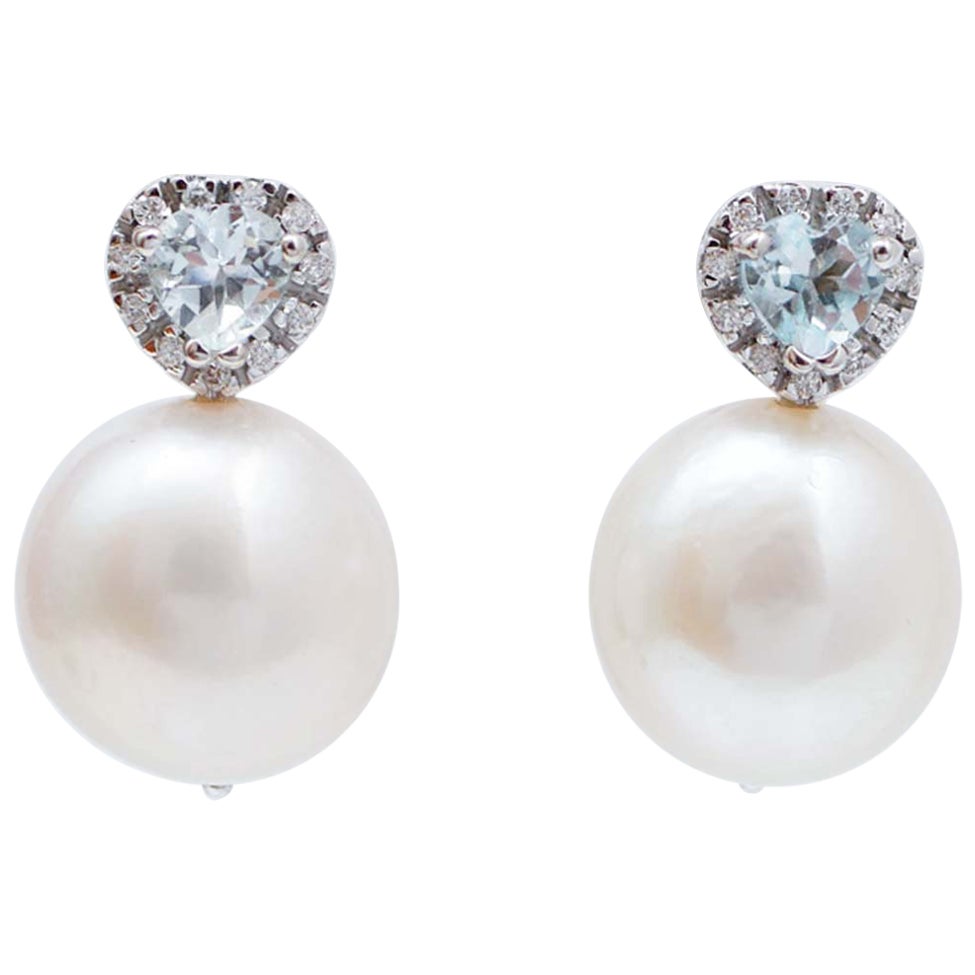 13 Mm Pearls, Aquamarine, Diamonds, 18 Karat White Gold Earrings. For Sale