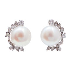 13, 5 Mm Pearls, Diamonds, 14 Karat White Gold Earrings.