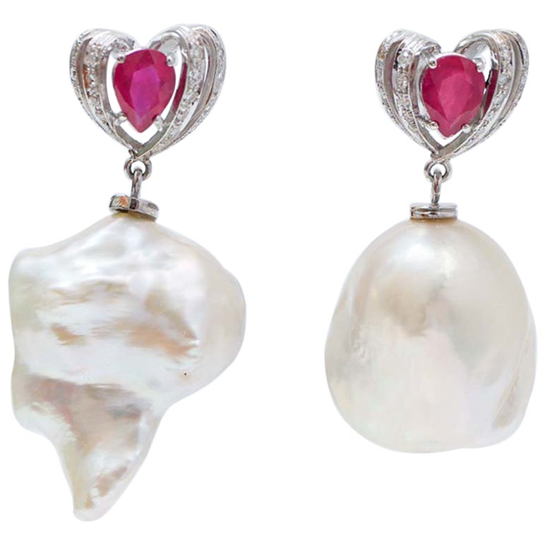 Pearls, Rubies, Diamonds, 14 Karat White Gold Earrings For Sale
