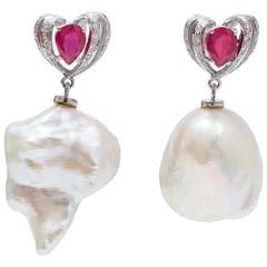 Pearls, Rubies, Diamonds, 14 Karat White Gold Earrings