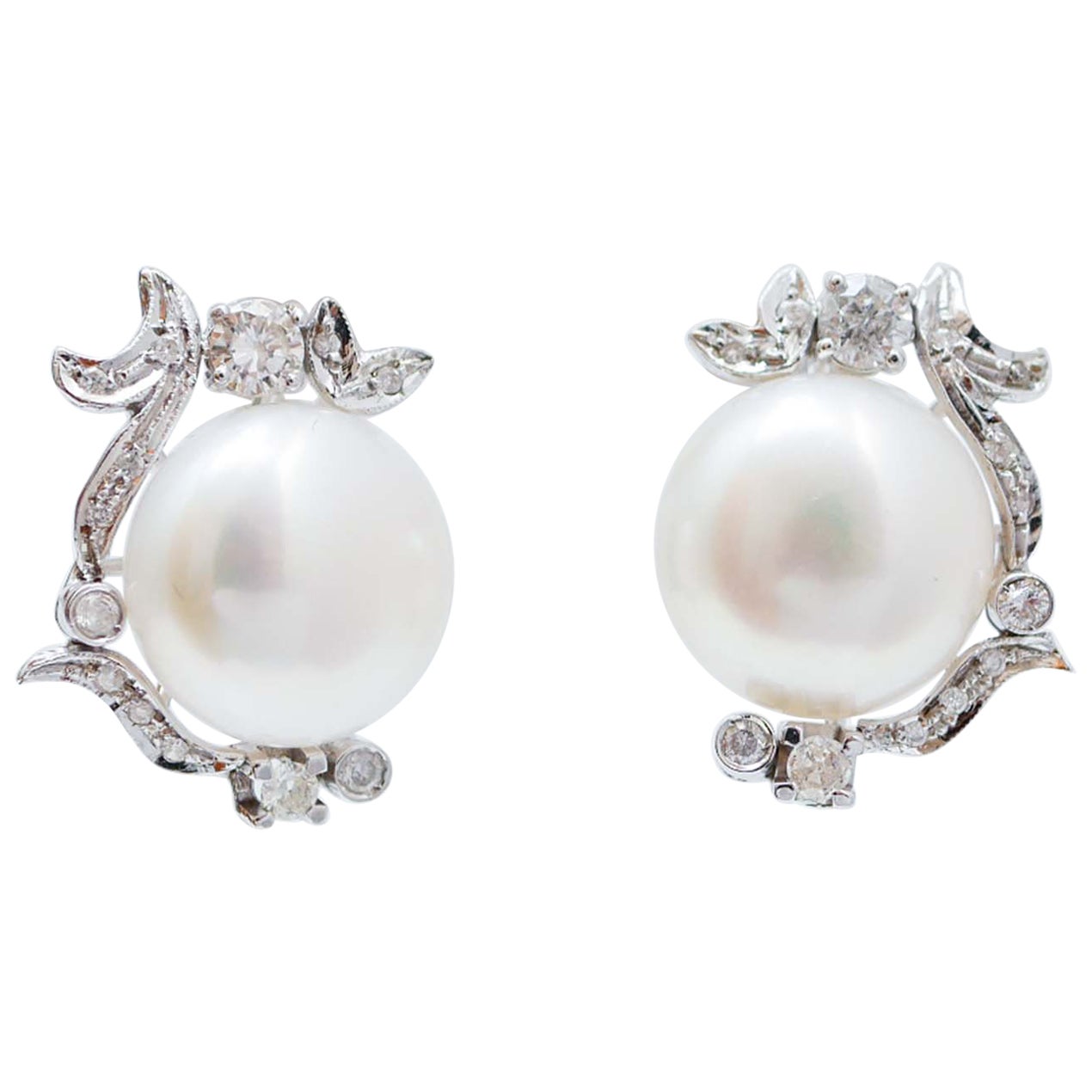 13 Mm Pearls, Diamonds, 14 Karat White Gold Earrings.