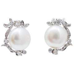 13 Mm Pearls, Diamonds, 14 Karat White Gold Earrings.