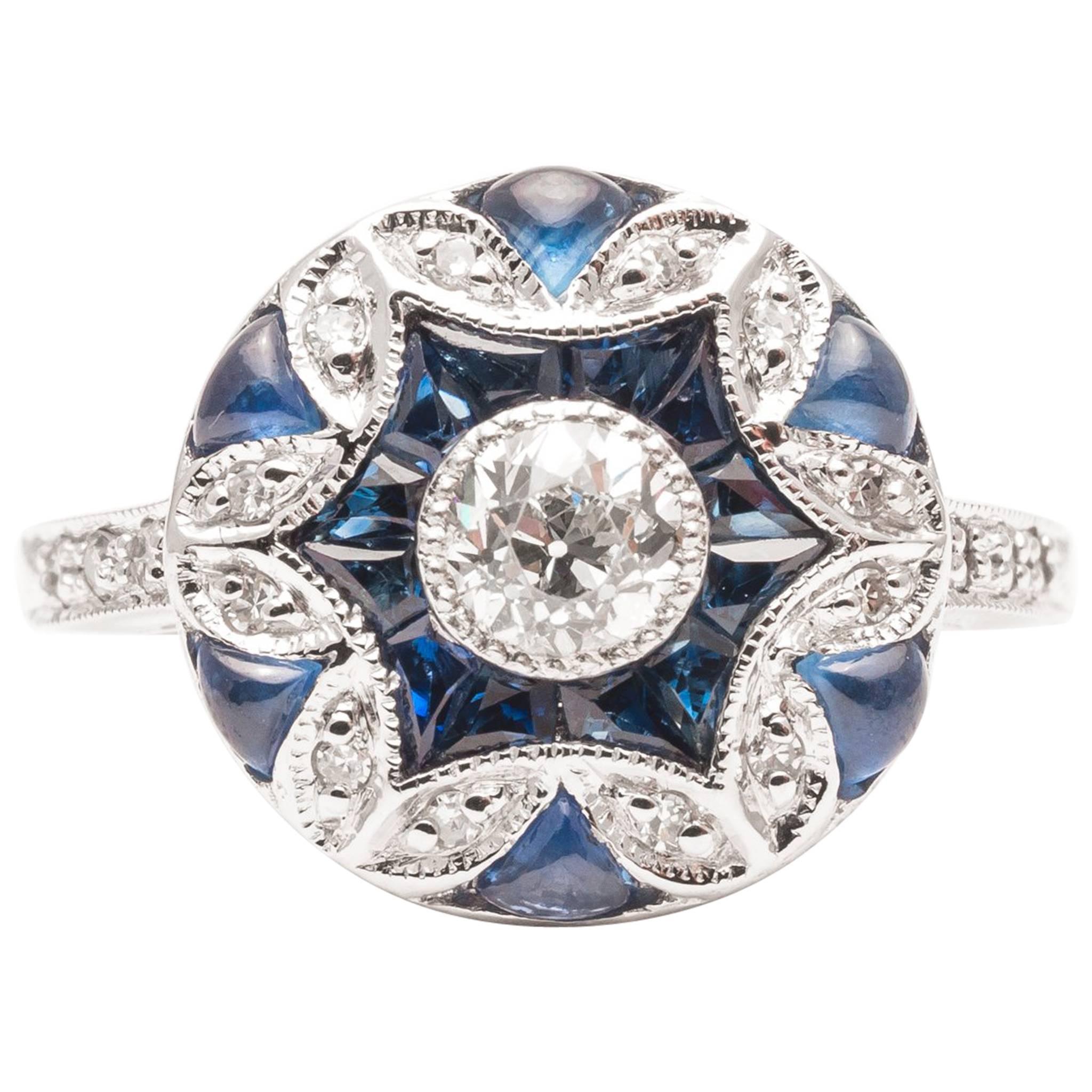 Exquisite Diamond and French Cut Sapphire White Gold Ring