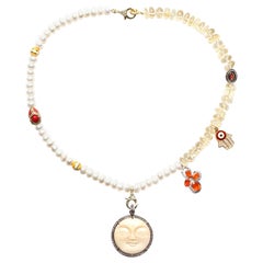 CLARISSA BRONFMAN Asymmetric Quartz Pearl Ruby Fire Opal Necklace and Moon Face
