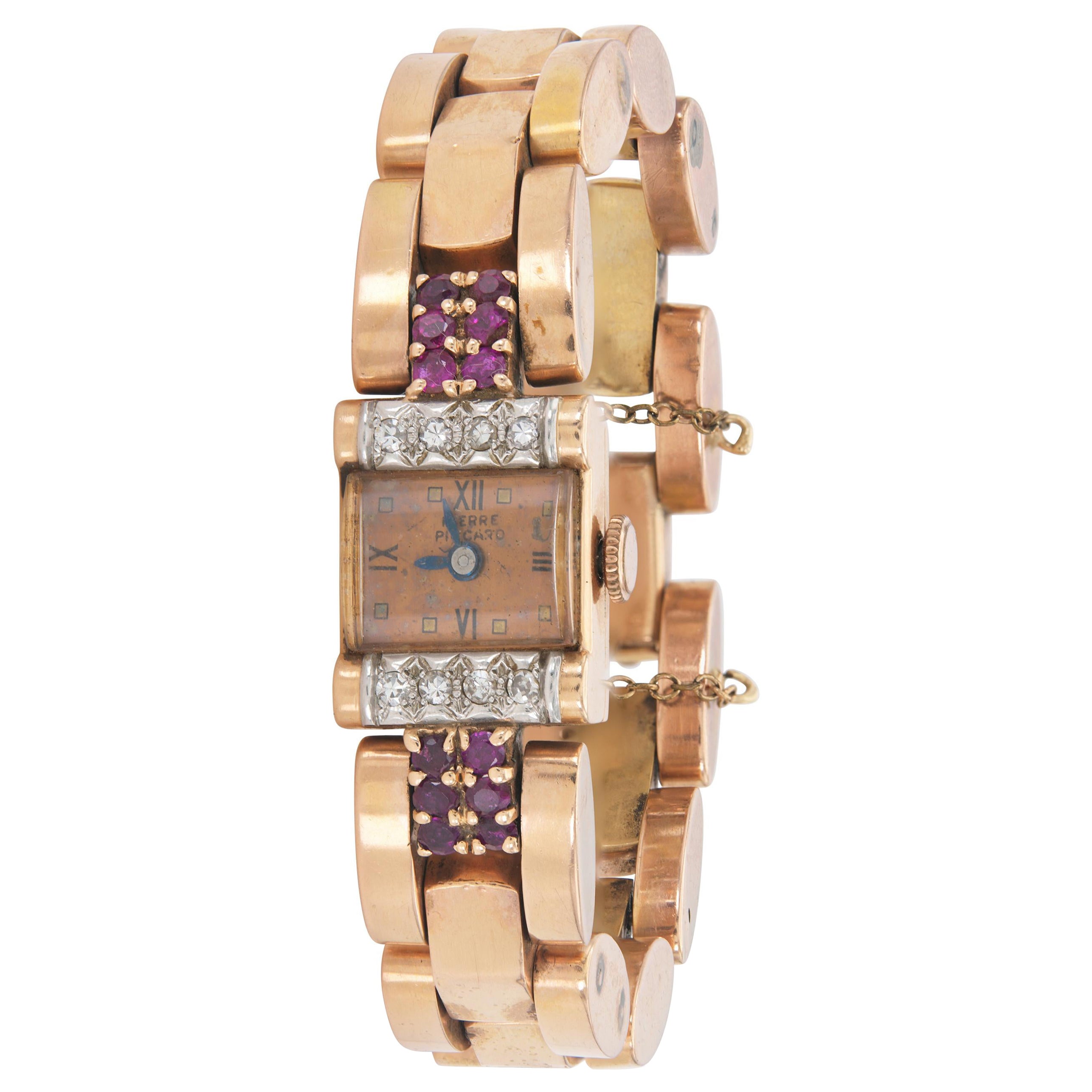 Vintage 1940s Retro Pierre Piccard Gold Watch with Diamonds and Rubies