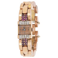 Vintage 1940s Retro Pierre Piccard Gold Watch with Diamonds and Rubies