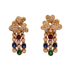 Natural Ruby Emerald Sapphire Diamond Dangle Omega Post Earrings 18K Yellow Gold