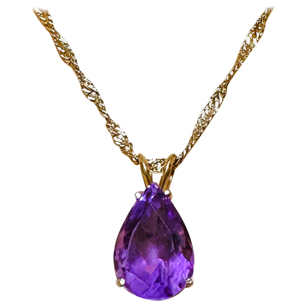 14k Yellow Gold 9 Carat Pear Cut Amethyst Pendant Necklace 16 Inches