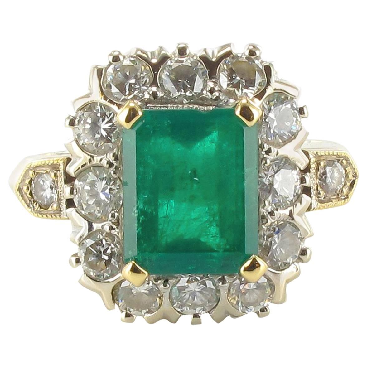 1970s French 2.20 Carat Emerald Diamond Gold Ring