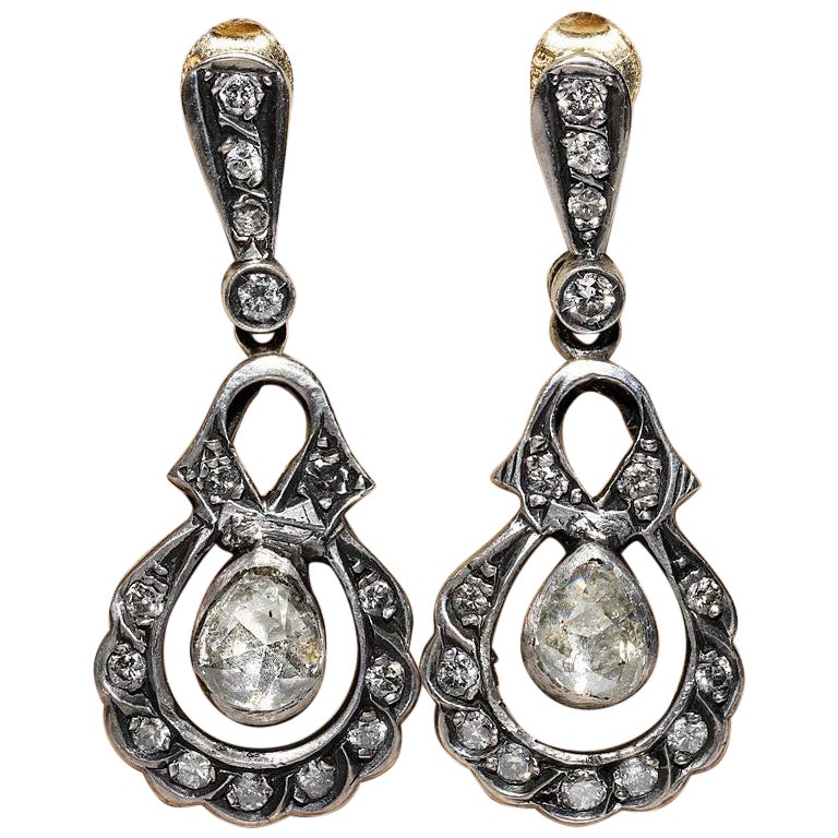 Vintage Circa 1970s  14k Gold Top Silver Natural Diamond Decorated Drop Earring