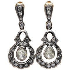 Vintage Circa 1970s  14k Gold Top Silver Natural Diamond Decorated Drop Earring