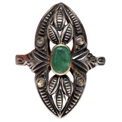 Victorian 18k Gold Top Silver Natural Rose Cut Diamond And Emerald Navette Ring