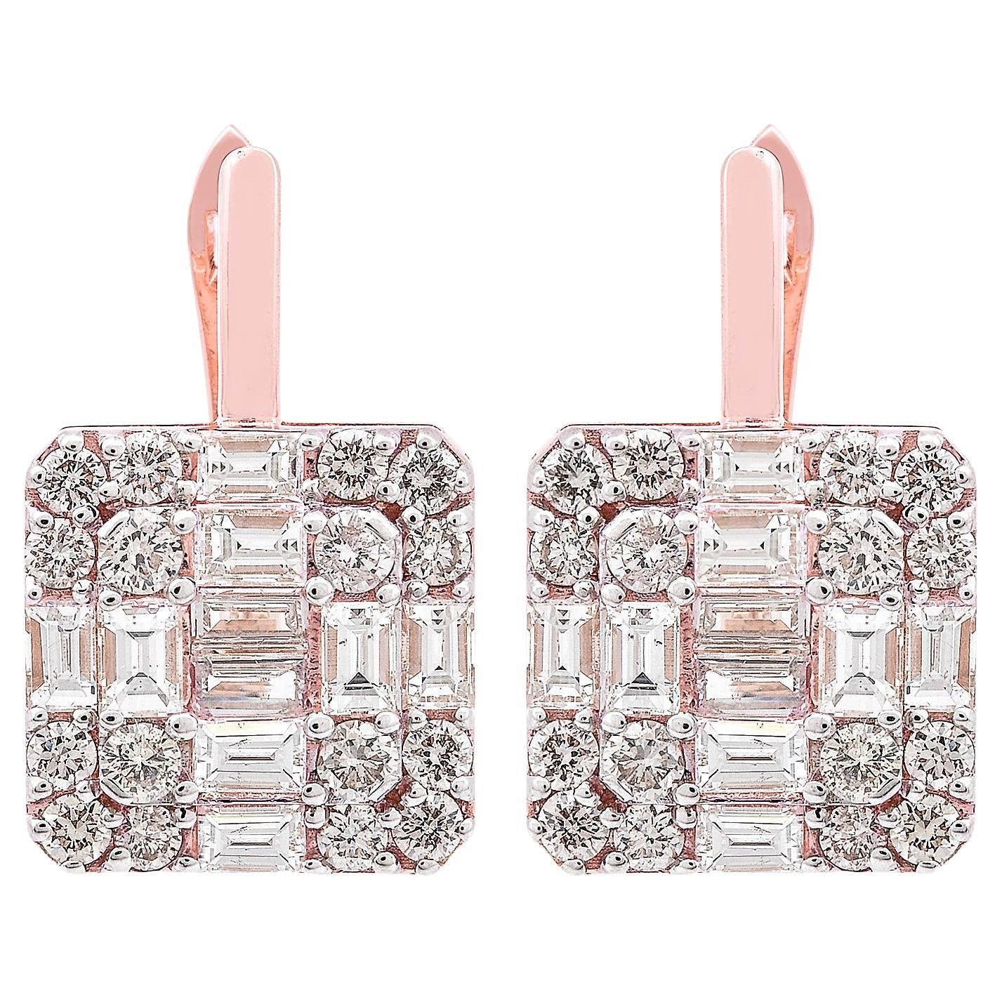 2.10 Carat Baguette Diamond Square Stud Earrings Solid 18k Rose Gold Jewelry For Sale