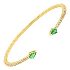 0.65 Carat Pear Emerald Cuff Bangle Bracelet 0.51 Carat Diamond 18k Yellow Gold