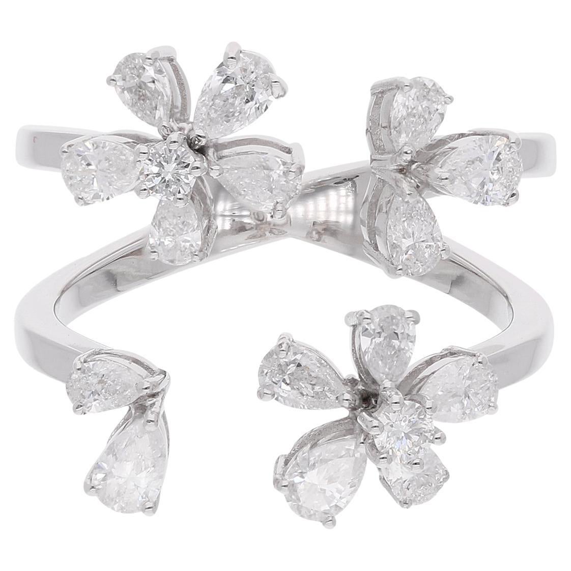Real 1.13 Carat SI/H Round Pear Diamond Cuff Ring 18 Karat White Gold Jewelry