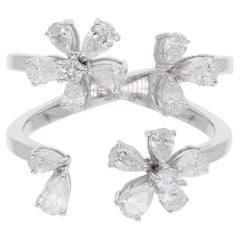 Real 1.13 Carat SI/H Round Pear Diamond Cuff Ring 18 Karat White Gold Jewelry