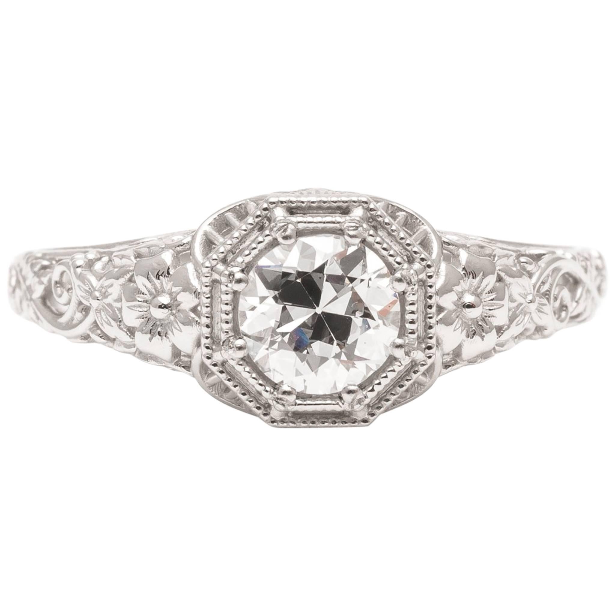 Floral Filigree Diamond Platinum Engagement Ring For Sale