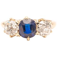 Antique Sapphire Diamond Three-Stone Yellow Gold Ring