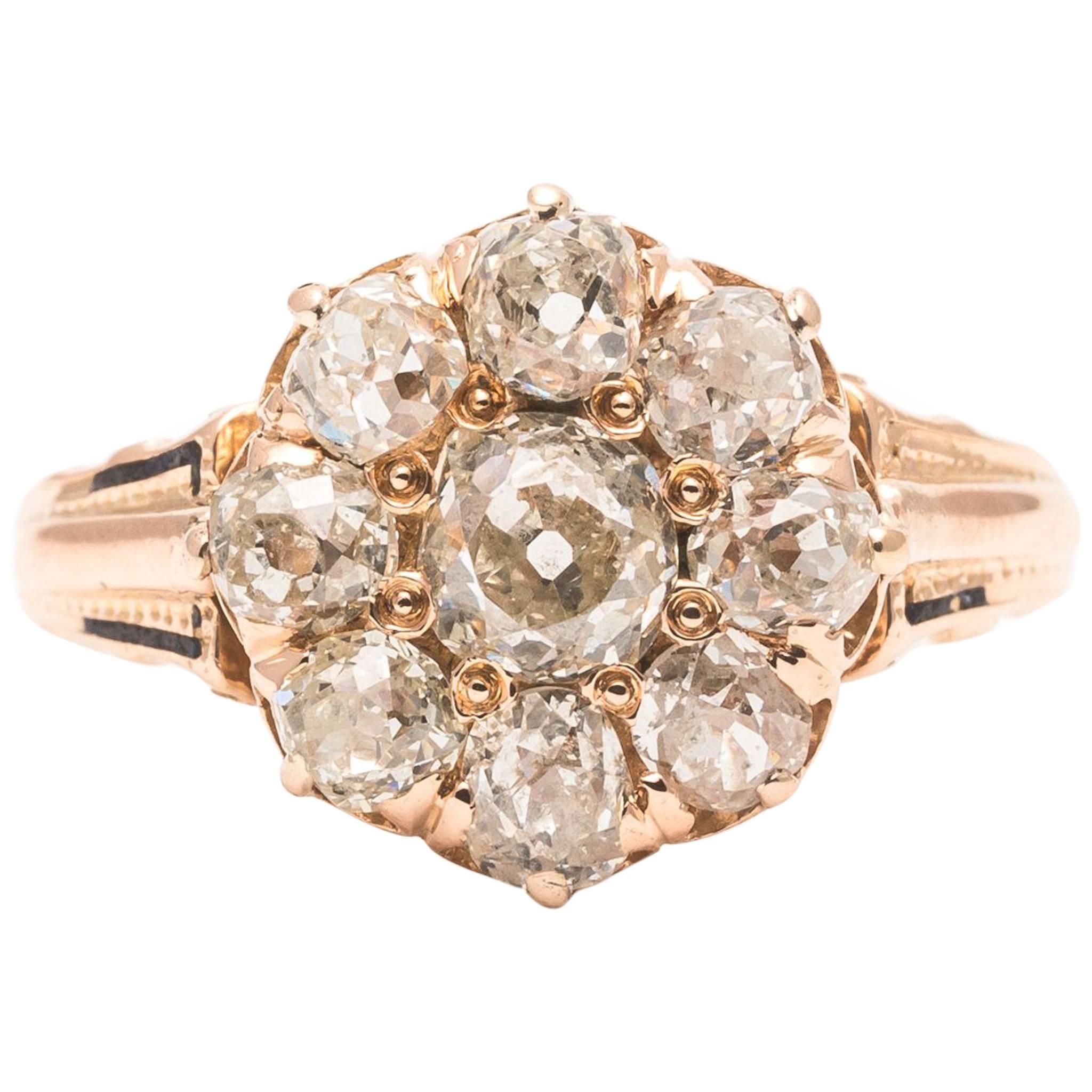 Victorian 2.10 Carat Diamond Cluster Engagement Yellow Gold Ring 