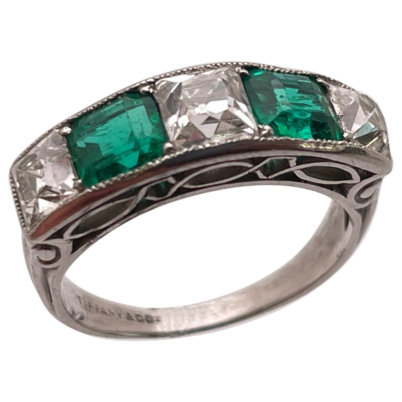 Tiffany & Co Art Deco Emerald Diamond Platinum Ring Wedding Band For Sale
