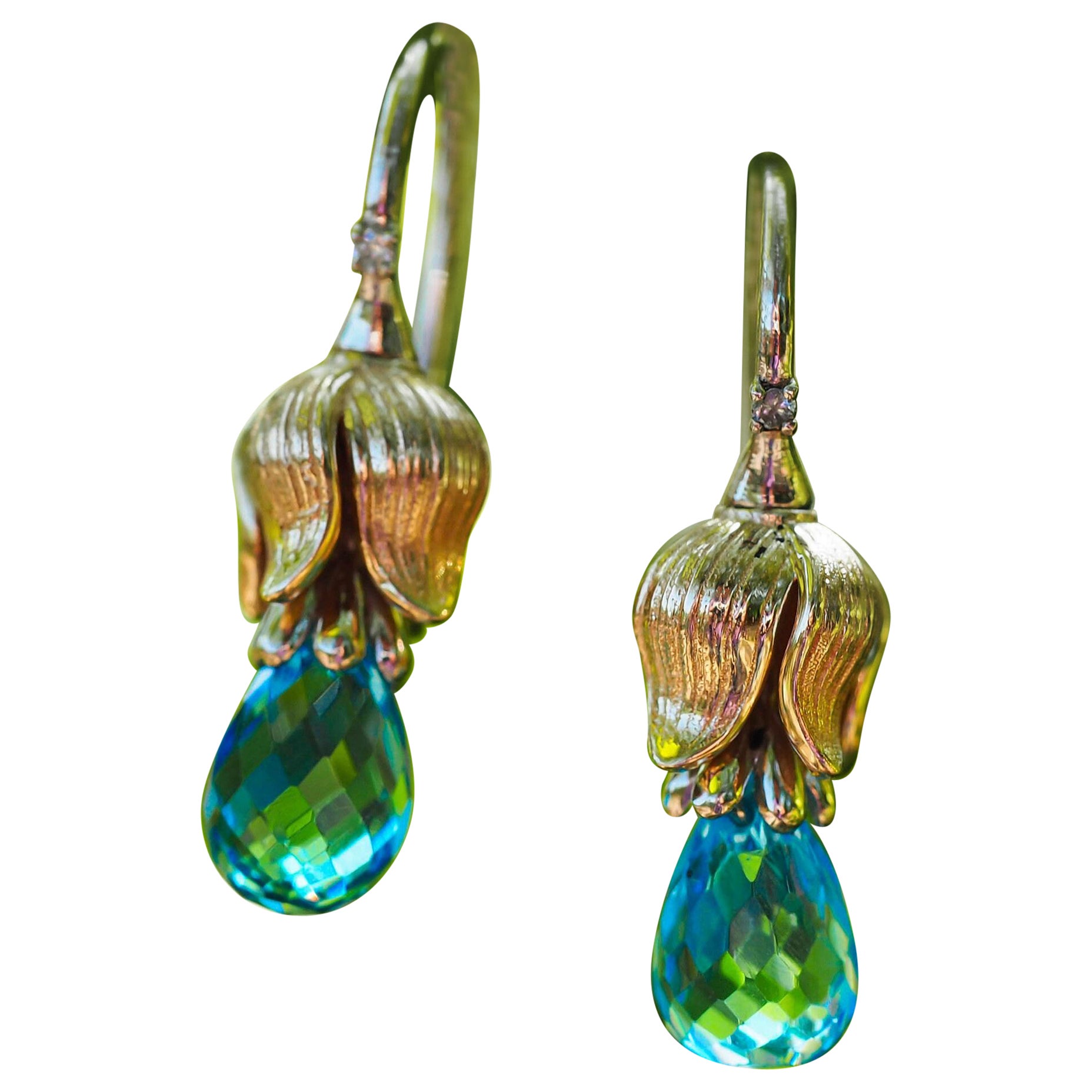 Lily flower earrings with Topazes and diamonds For Sale