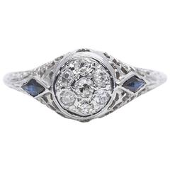 Art Deco Filigree Diamond and Sapphire Illusion White Gold Ring 