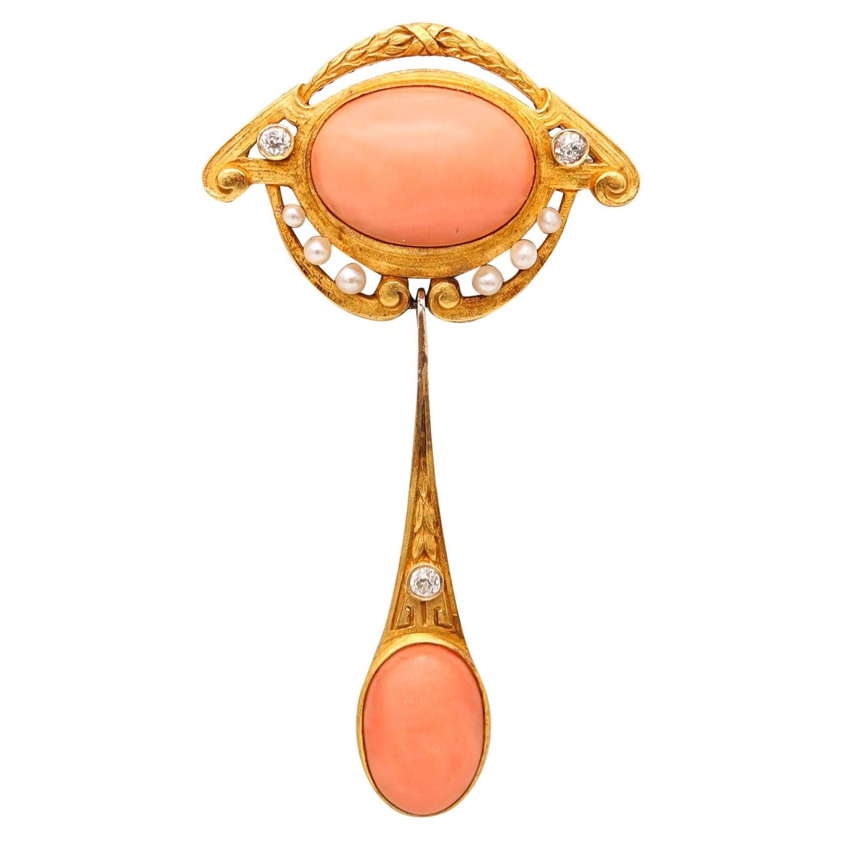 LIBERTY STYLE 1890 Inglaterra Colgante-broche De Oro De 18Kt, Coral, Perlas Y Diamantes