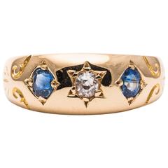 Edwardian Star of David Diamond and Sapphire Trilogy Gold Ring