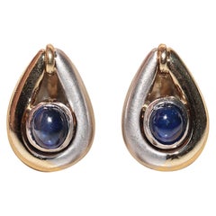 Vintage Circa 1990s 18k Gold Natural Cabochon Cut Sapphire  Stud Earring