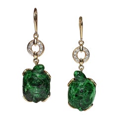 Vintage Circa 1990s 14k Gold Natural Diamond And Malachite Turtle Earring