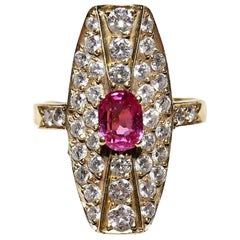 Vintage Circa 1980s 14k Gold Natural Diamond And Ruby Decorated Navette Ring