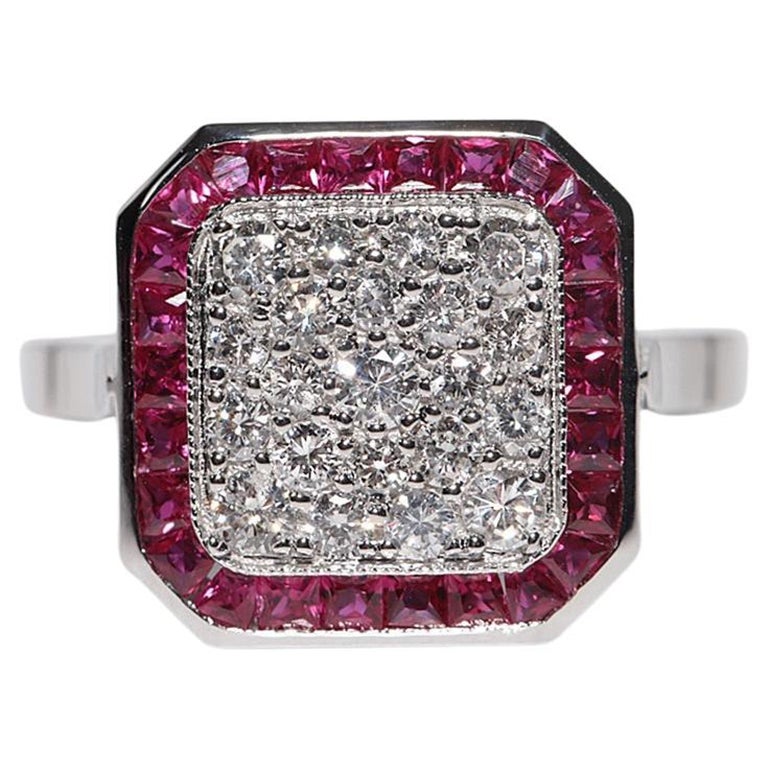 New Made 18k Gold Natural Diamond And Caliber Cut Ruby Decorated Ring For Sale