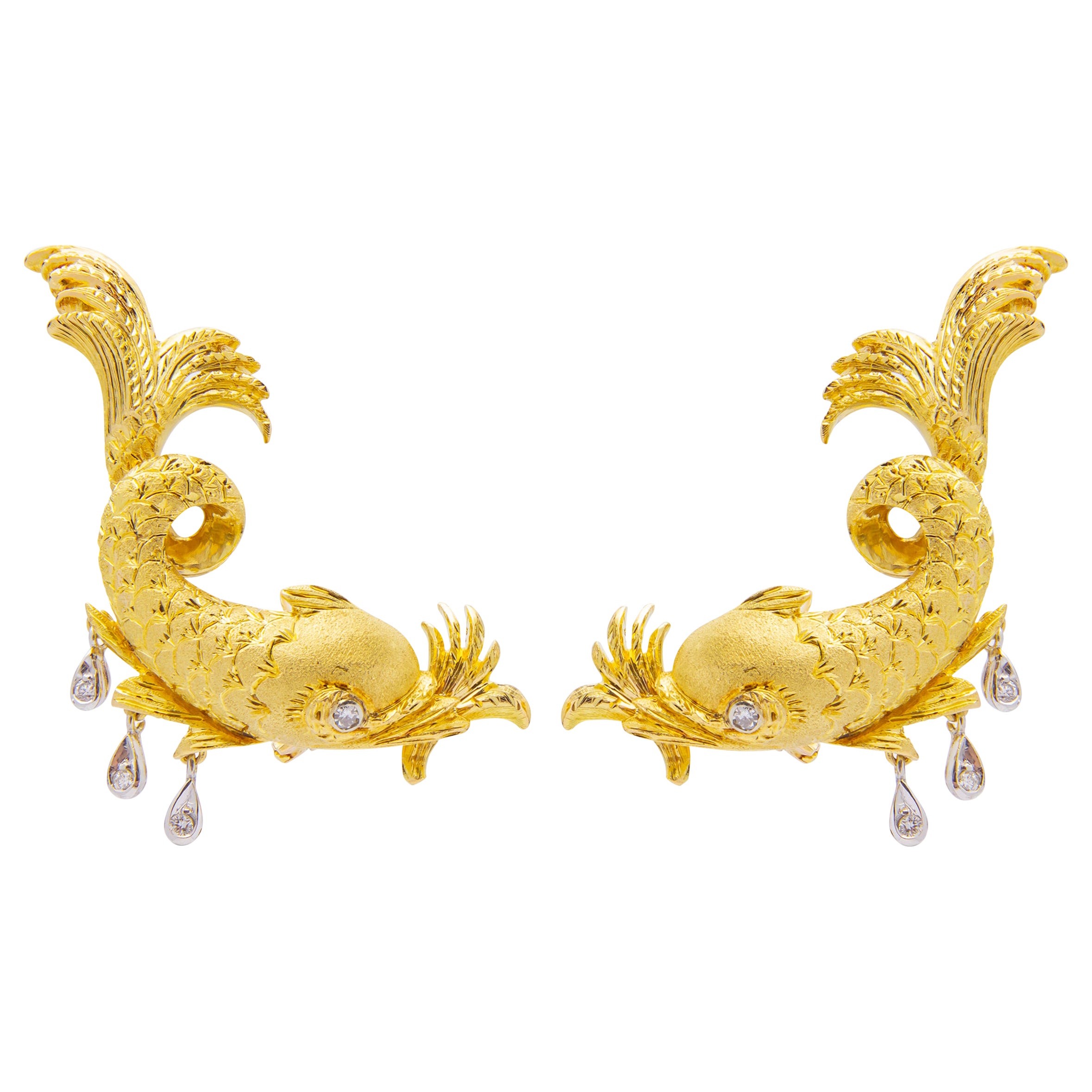 18 Karat Yellow Gold 'Dolphin' Ear Clips With Diamonds For Sale