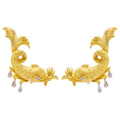 18 Karat Yellow Gold 'Dolphin' Ear Clips With Diamonds