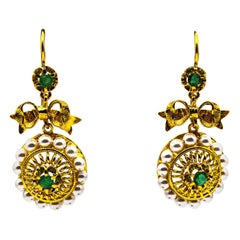 Art Deco Style Micro Pearls 0.70 Carat Emerald Yellow Gold Drop Stud Earrings