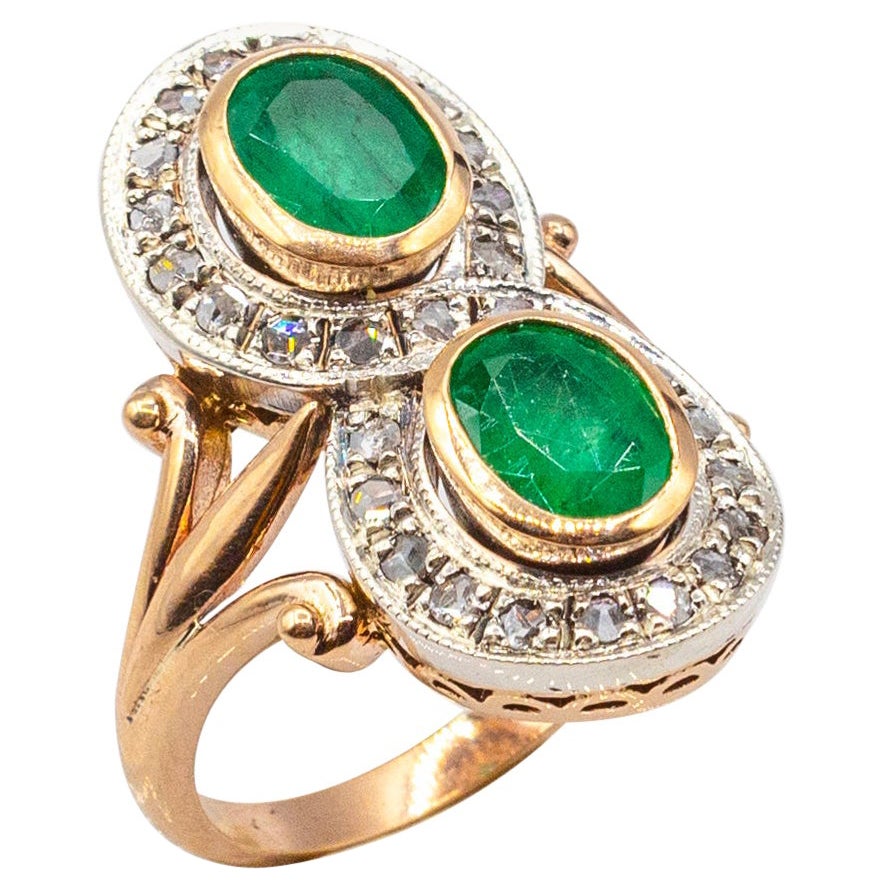 Art Deco Style White Rose Cut Diamond Oval Cut Emerald Yellow Gold Cocktail Ring For Sale