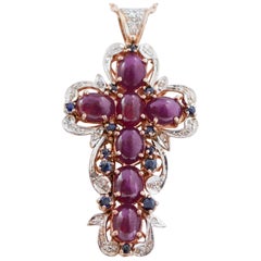 Rubies, Sapphires, Diamonds, Rose Gold an Silver Cross Pendant Necklace.