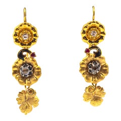 Art Nouveau Style White Rose Cut Diamond Ruby Yellow Gold "Flowers" Earrings