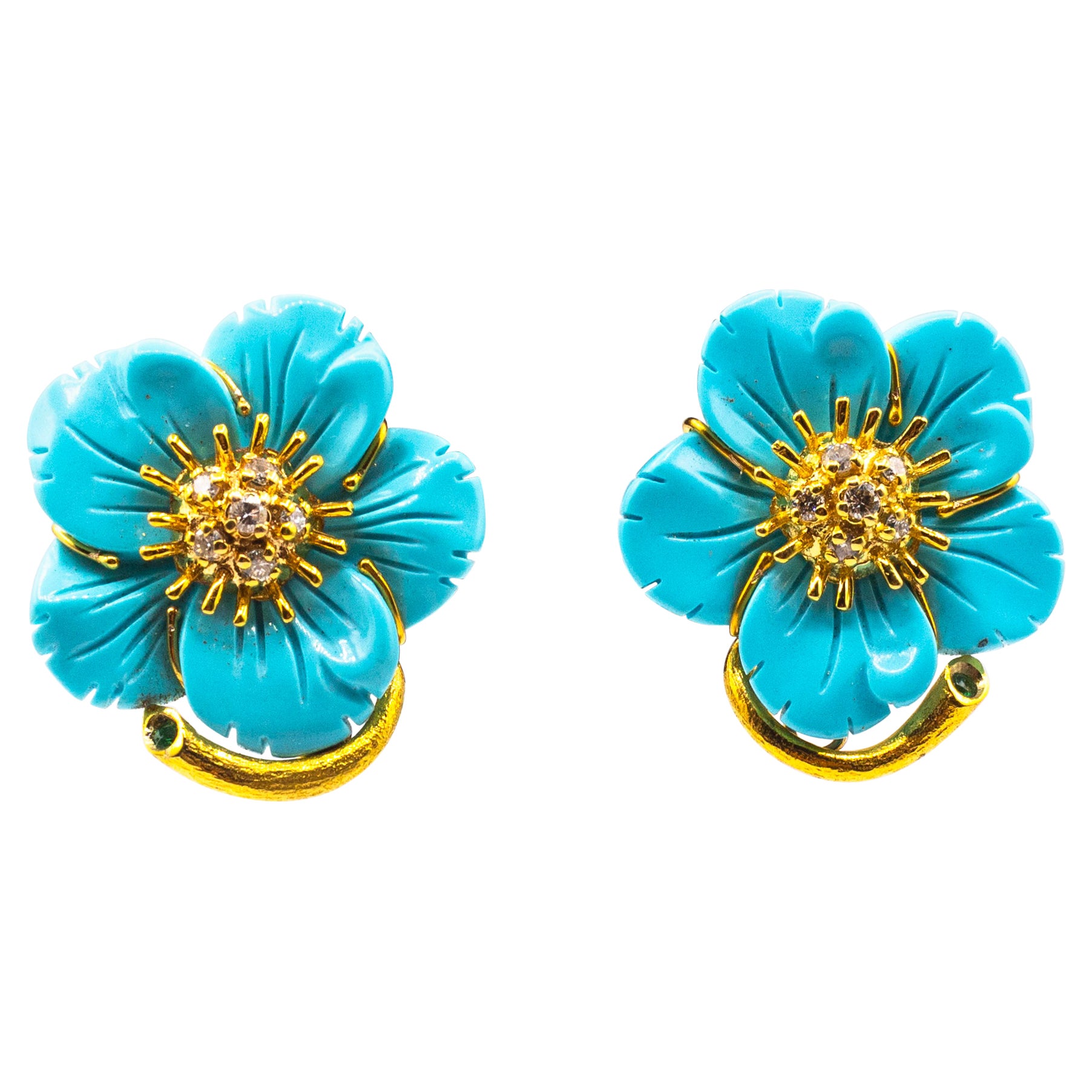 Art Nouveau Style White Diamond Turquoise Yellow Gold Clip-On "Flowers" Earrings